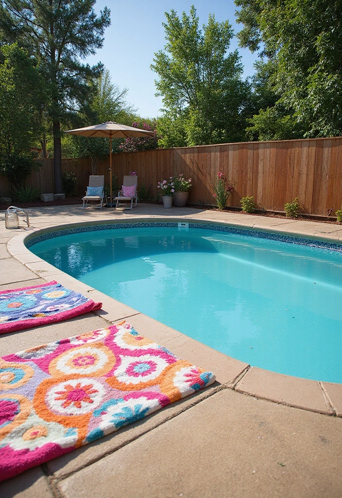 30 Above Ground Pool Deck Ideas That Elevate Your Backyard 20 30 Above Ground Pool Deck Ideas That Elevate Your Backyard - 20. Vibrant Pool Towels and Rugs