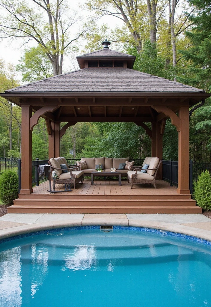30 Above Ground Pool Deck Ideas That Elevate Your Backyard 21 30 Above Ground Pool Deck Ideas That Elevate Your Backyard - 21. Elegant Gazebo