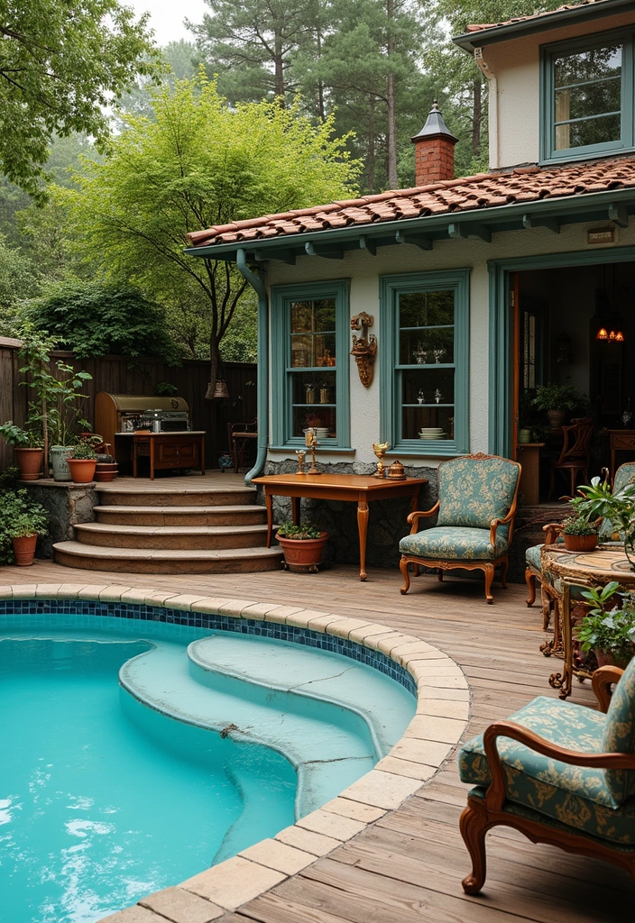 30 Above Ground Pool Deck Ideas That Elevate Your Backyard 9 30 Above Ground Pool Deck Ideas That Elevate Your Backyard - 9. Vintage Charm with Antiques