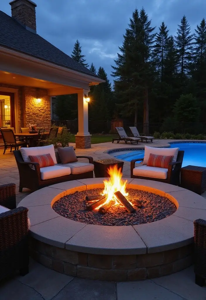 30 Above Ground Pool Ideas That Look Surprisingly Elegant - 21. Cozy Fire Pit Area