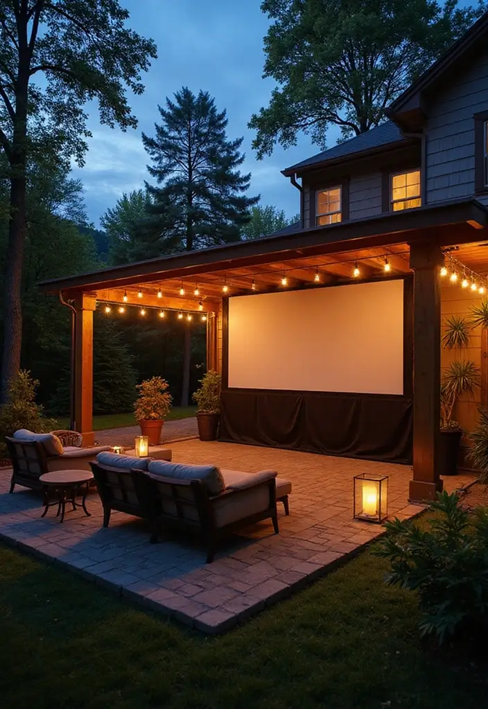 30 Attached Covered Patio Ideas That Blend Comfort and Style - 13. Outdoor Movie Theater