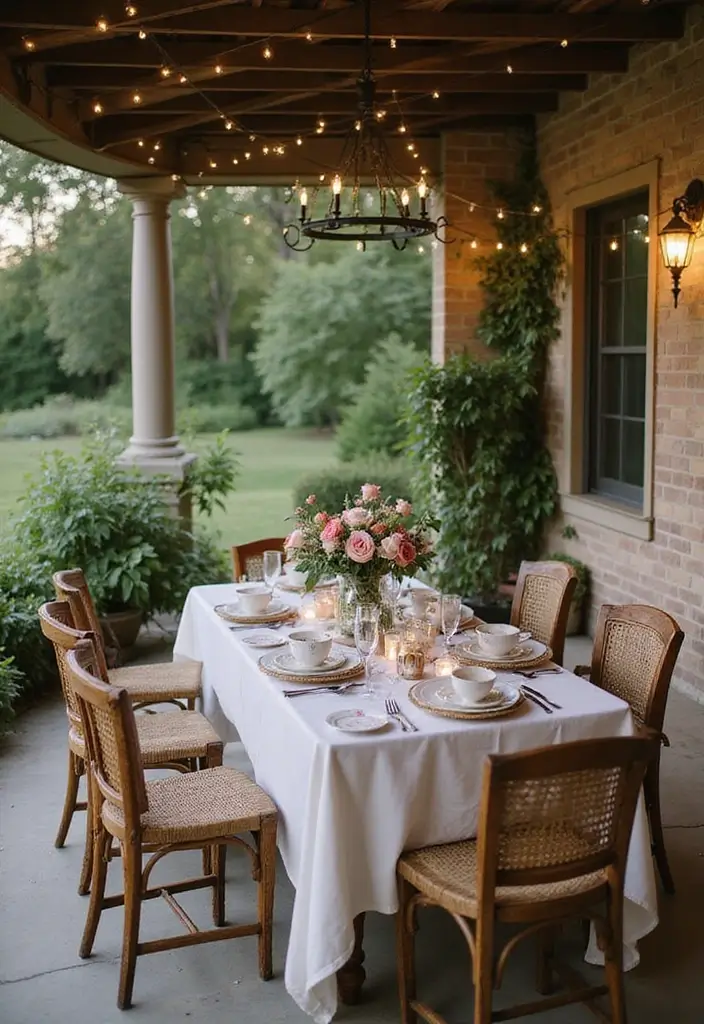 30 Attached Covered Patio Ideas That Blend Comfort and Style - 19. Vintage Tea Party Setup