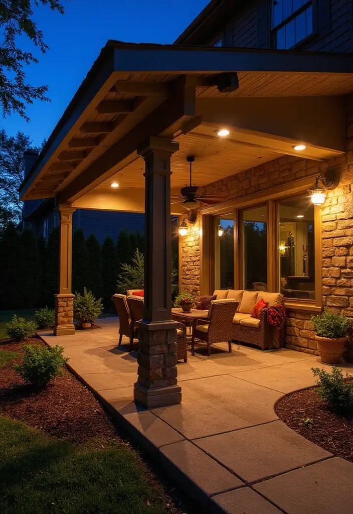 30 Attached Covered Patio Ideas That Blend Comfort and Style - 24. Layered Lighting