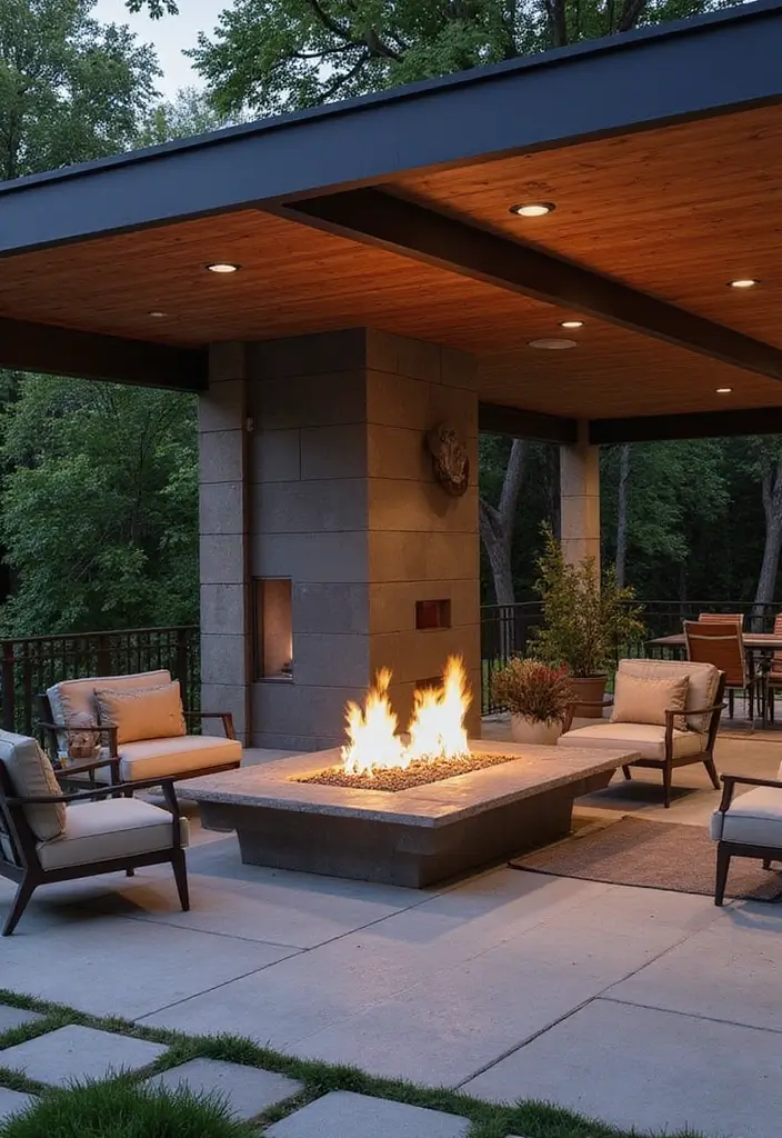 30 Attached Covered Patio Ideas That Blend Comfort and Style - 25. Modern Fire Feature