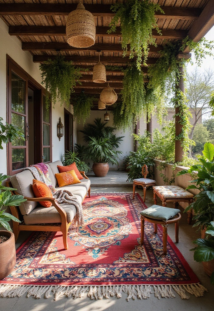 30 Attached Covered Patio Ideas That Blend Comfort and Style - 3. Bohemian Vibes