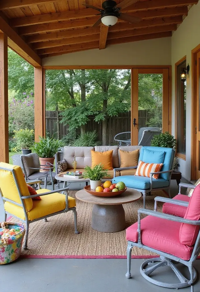 30 Attached Covered Patio Ideas That Blend Comfort and Style - 8. Colorful Outdoor Living Room