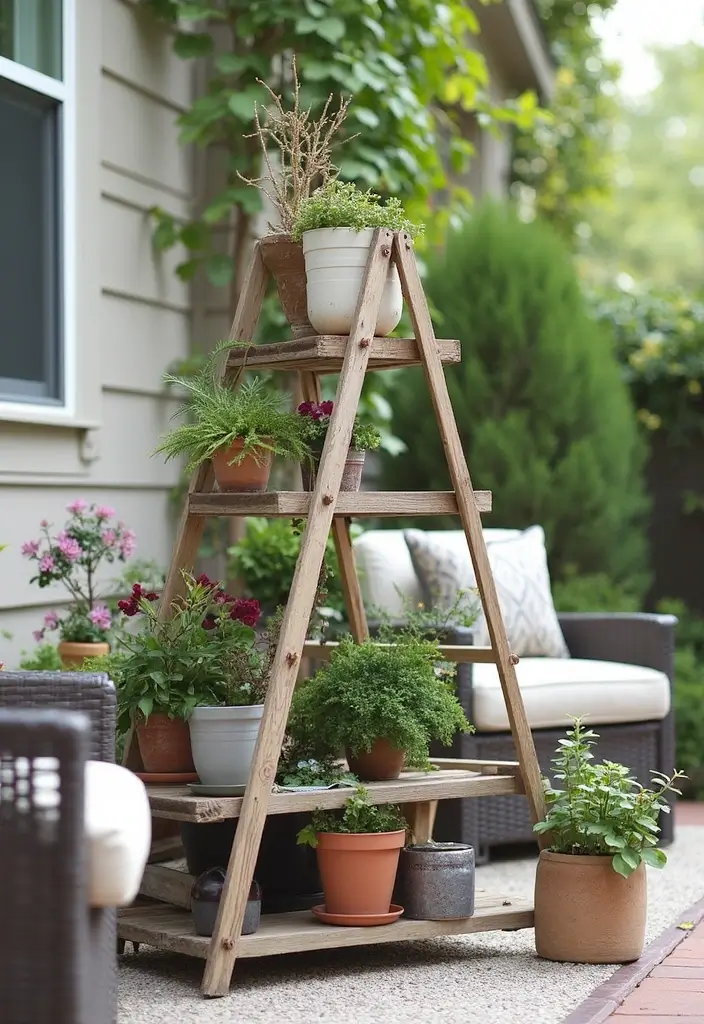30 Back Patio Ideas on a Budget That Still Look Stunning 28 30 Back Patio Ideas on a Budget That Still Look Stunning - 28. DIY Ladder Plant Stand