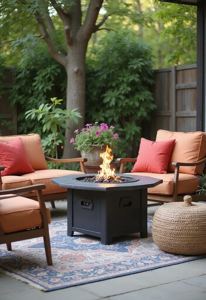 30 Backyard Fire Pit Ideas for Cozy Evenings Outdoors - 18. Outdoor Rug under the Fire Pit