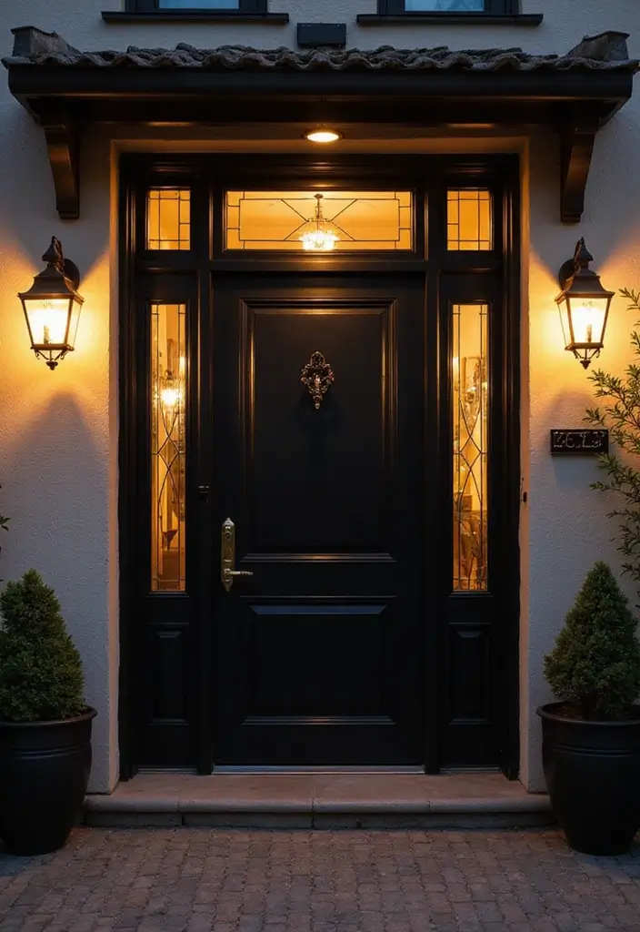 30 Black Front Door Ideas That Look Bold and Modern 13 30 Black Front Door Ideas That Look Bold and Modern - 13. Black Door with Dramatic Lighting