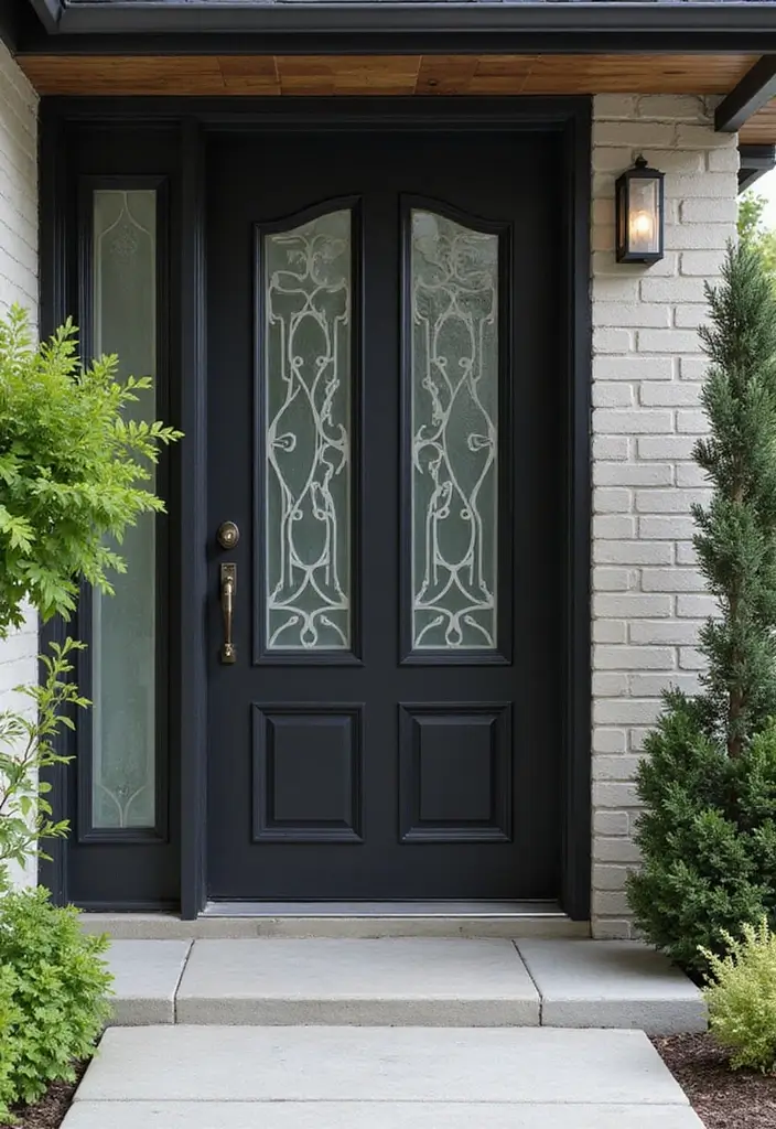30 Black Front Door Ideas That Look Bold and Modern 14 30 Black Front Door Ideas That Look Bold and Modern - 14. Black Door with Decorative Grilles