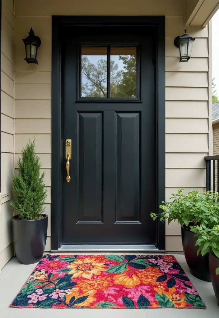 30 Black Front Door Ideas That Look Bold and Modern 15 30 Black Front Door Ideas That Look Bold and Modern - 15. Black Door with a Funky Doormat