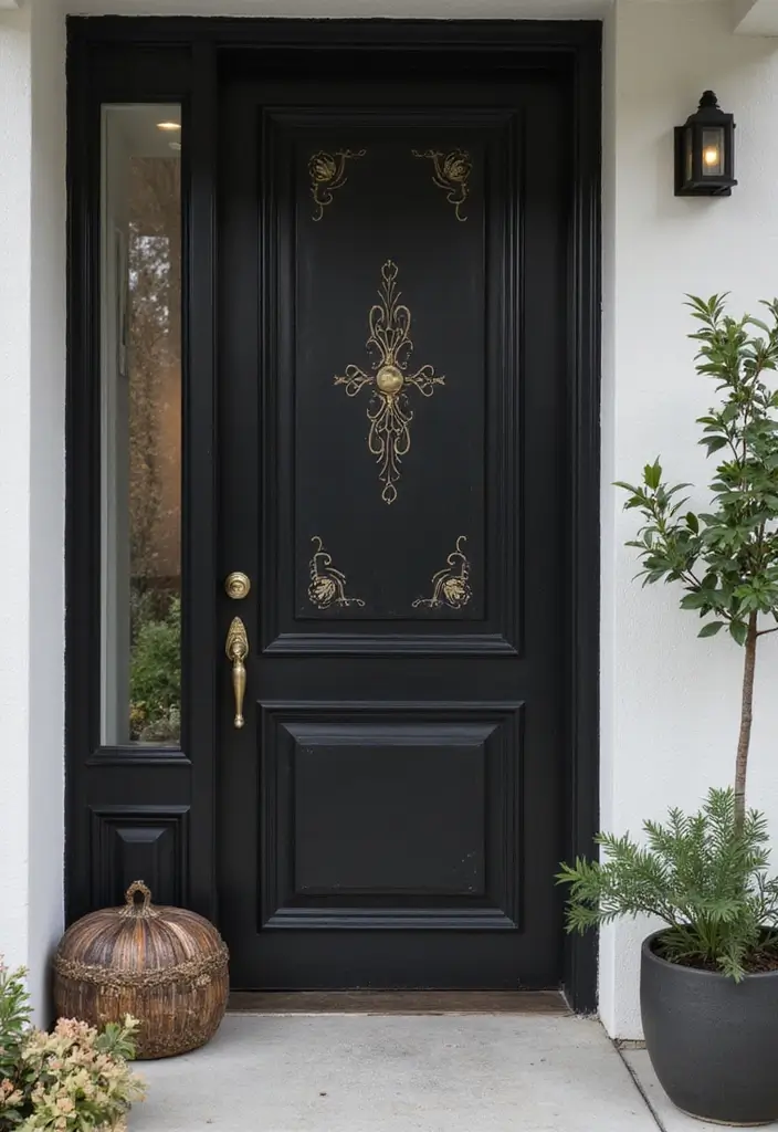 30 Black Front Door Ideas That Look Bold and Modern 17 30 Black Front Door Ideas That Look Bold and Modern - 17. Black Door with Artistic Inlays