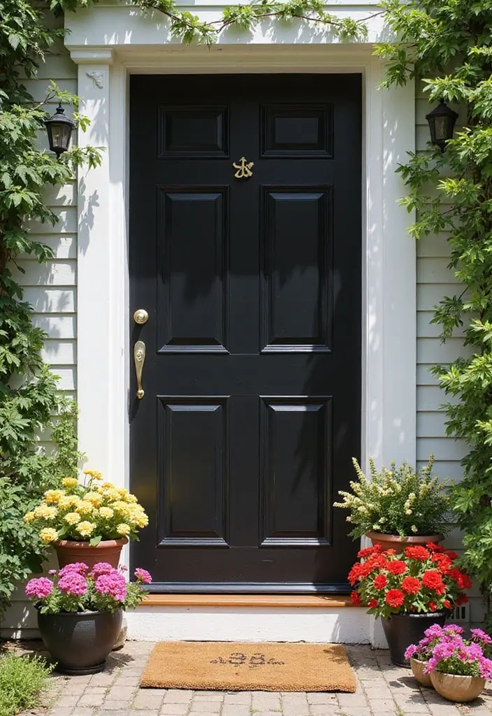 30 Black Front Door Ideas That Look Bold and Modern 22 30 Black Front Door Ideas That Look Bold and Modern - 22. Black Door Surrounded by Bright Colors