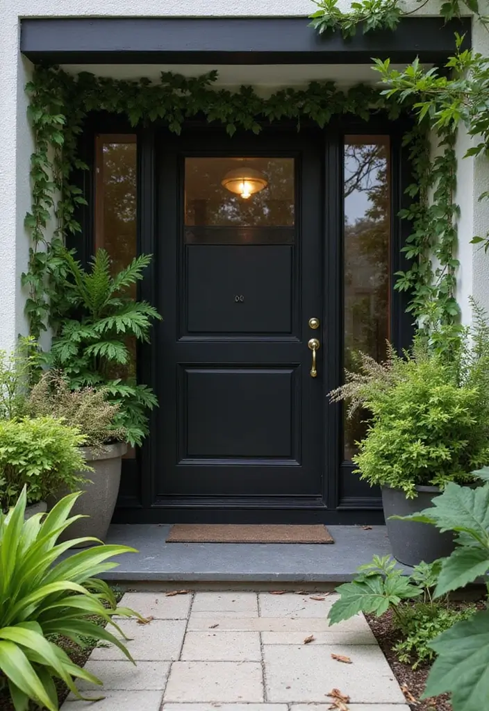 30 Black Front Door Ideas That Look Bold and Modern 23 30 Black Front Door Ideas That Look Bold and Modern - 23. Black Door with Vibrant Greenery