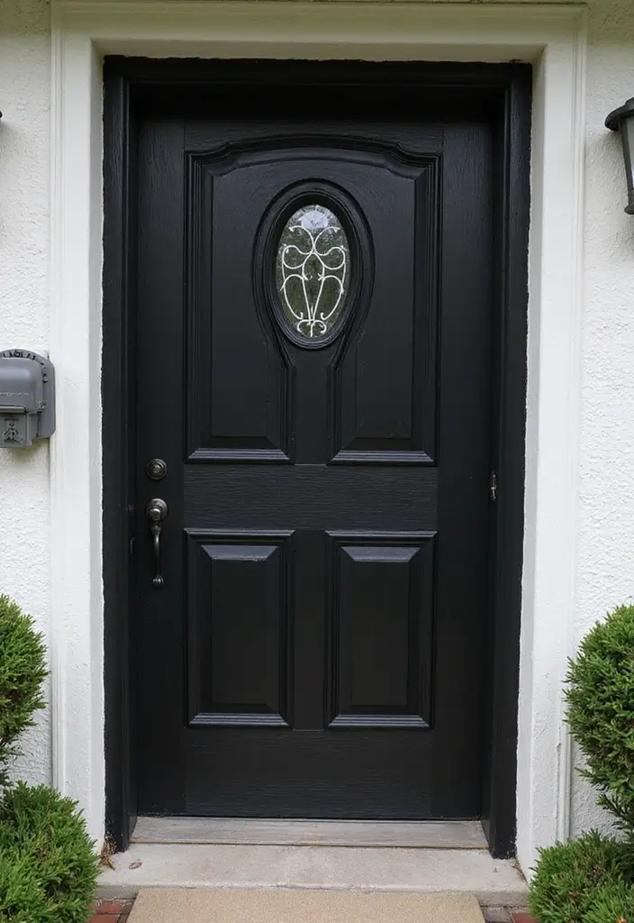 30 Black Front Door Ideas That Look Bold and Modern 27 30 Black Front Door Ideas That Look Bold and Modern - 27. Black Door with a Decorative Door Shield