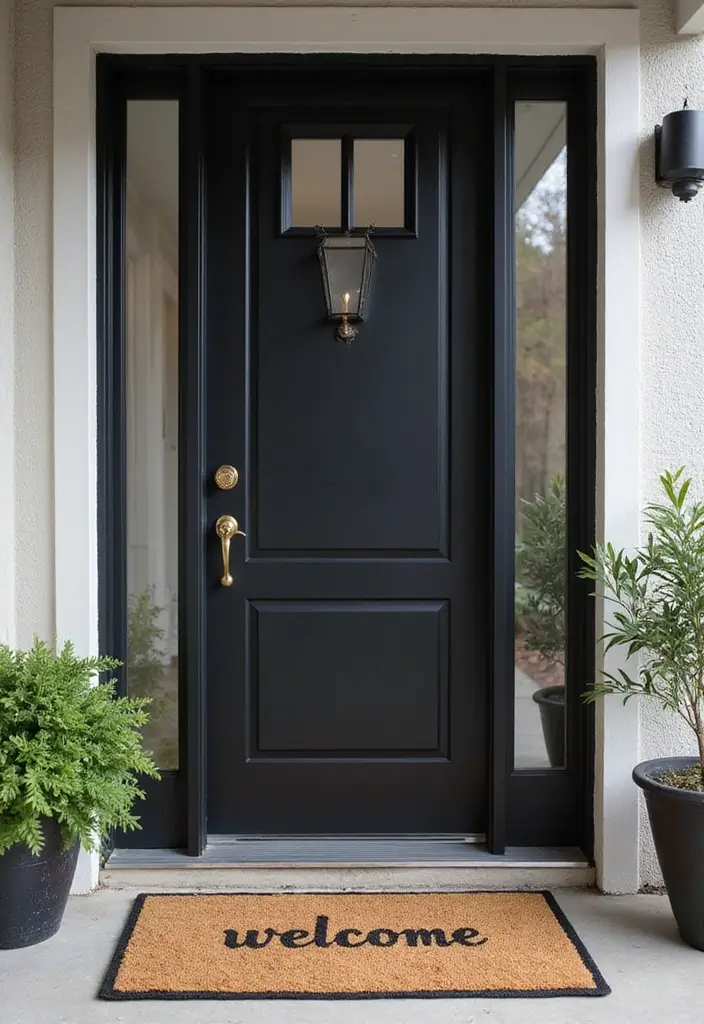 30 Black Front Door Ideas That Look Bold and Modern 28 30 Black Front Door Ideas That Look Bold and Modern - 28. Black Door with a Modern Welcome Mat