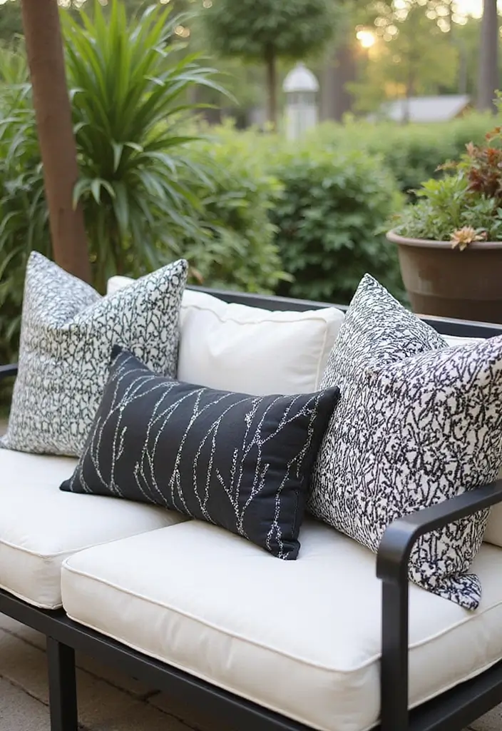30 Black and White Patio Ideas That Look Modern and Chic - 10. Chic Throw Pillows