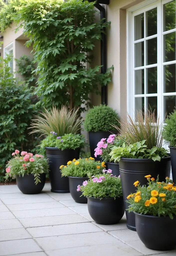 30 Black and White Patio Ideas That Look Modern and Chic - 15. Black and White Planters