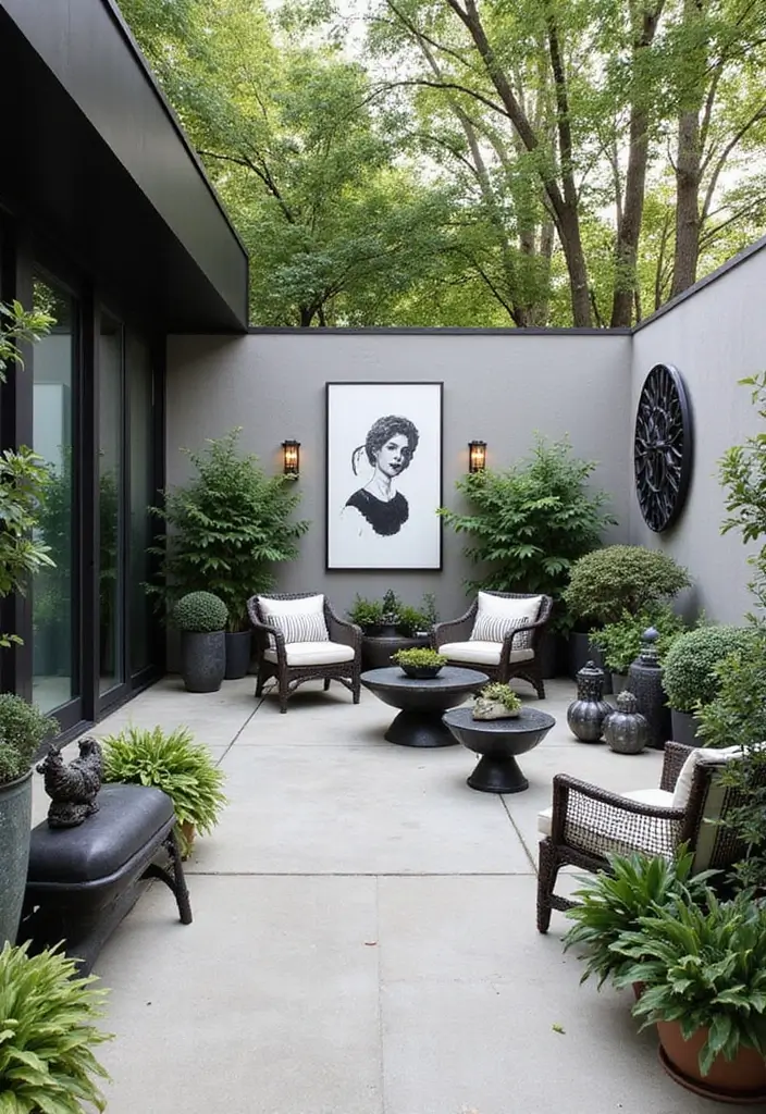 30 Black and White Patio Ideas That Look Modern and Chic - 30. Black and White Outdoor Art