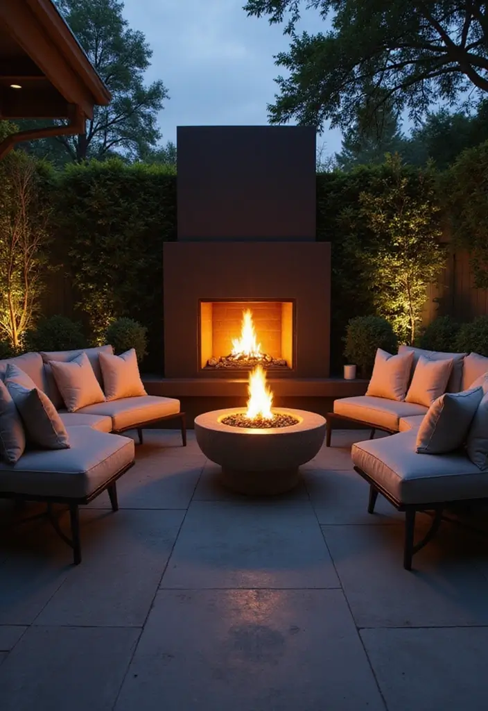 30 Black and White Patio Ideas That Look Modern and Chic - 4. Chic Outdoor Fireplace