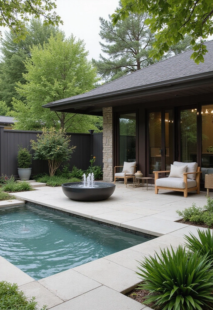 30 Black and White Patio Ideas That Look Modern and Chic - 5. Elegant Water Feature