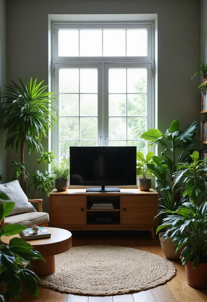 30 Clever TV in Front of Window Ideas That Actually Work 10 30 Clever TV in Front of Window Ideas That Actually Work - 10. Creative Plant Displays