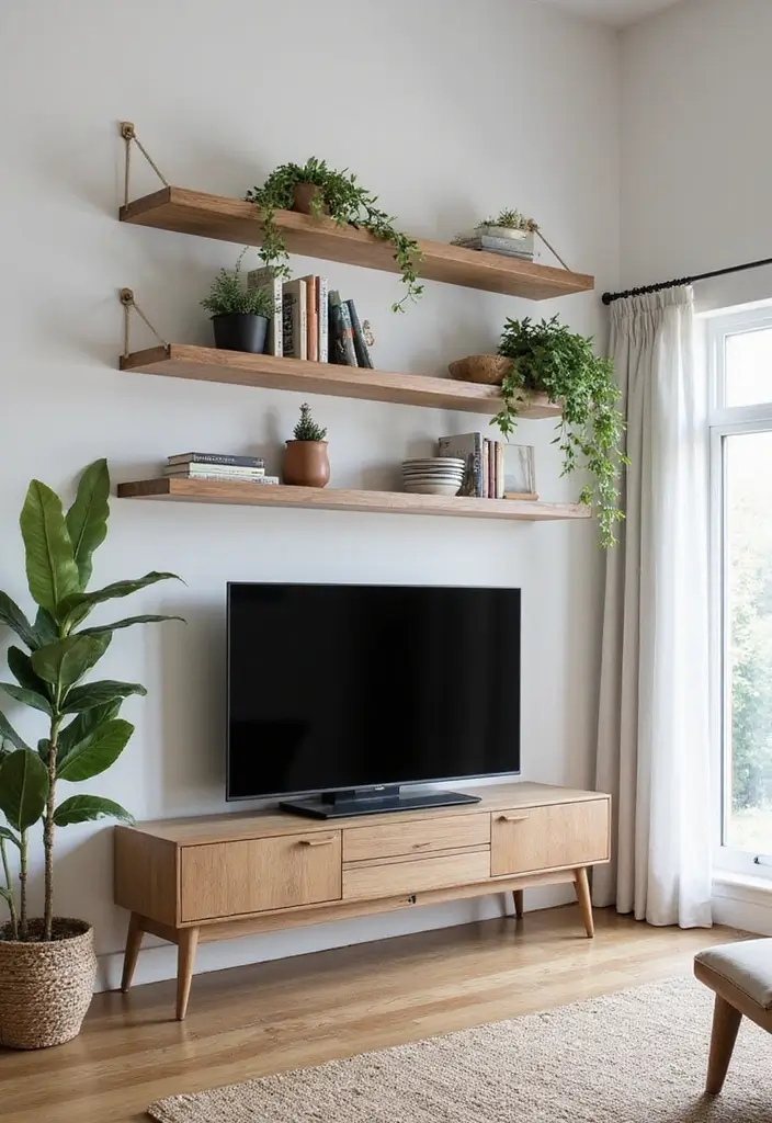 30 Clever TV in Front of Window Ideas That Actually Work 20 30 Clever TV in Front of Window Ideas That Actually Work - 20. Wall-Mounted Shelves Above TV