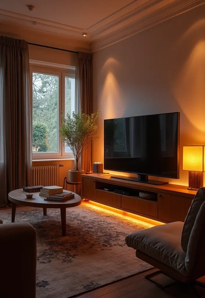 30 Clever TV in Front of Window Ideas That Actually Work 22 30 Clever TV in Front of Window Ideas That Actually Work - 22. Creative Use of Lighting