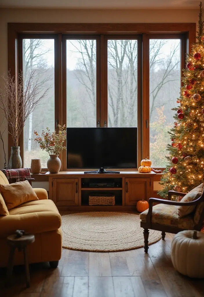 30 Clever TV in Front of Window Ideas That Actually Work 30 30 Clever TV in Front of Window Ideas That Actually Work - 30. Seasonal Decor Around the TV