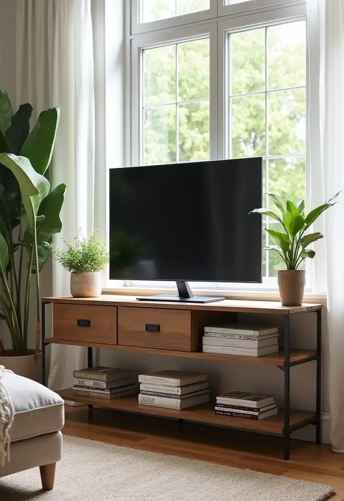 30 Clever TV in Front of Window Ideas That Actually Work 7 30 Clever TV in Front of Window Ideas That Actually Work - 7. Console Table for Creativity