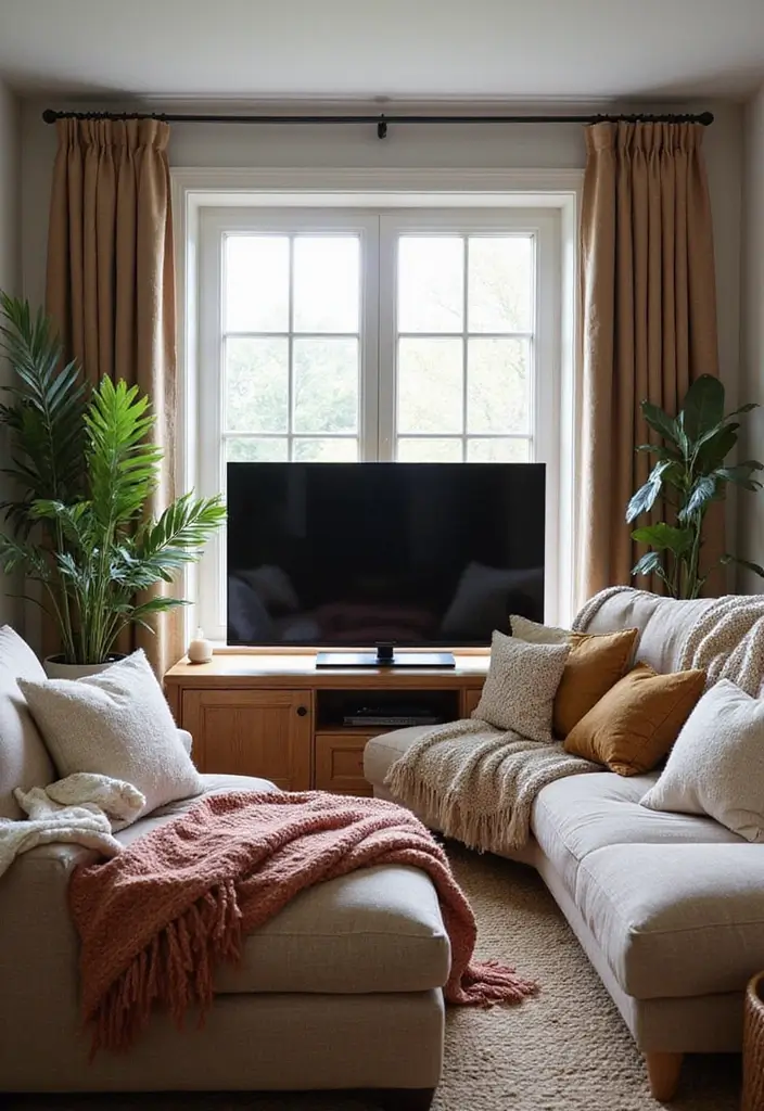 30 Clever TV in Front of Window Ideas That Actually Work 9 30 Clever TV in Front of Window Ideas That Actually Work - 9. Layered Textiles for Comfort