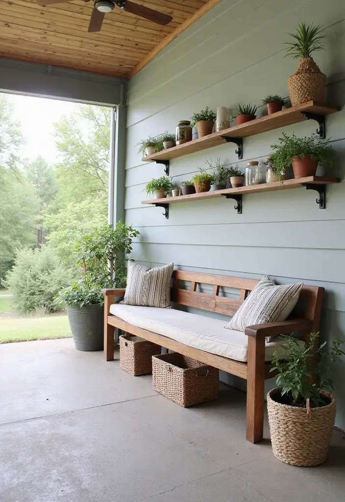 30 Covered Back Porch Ideas for a Comfortable Outdoor Retreat - 10. Functional Storage Solutions