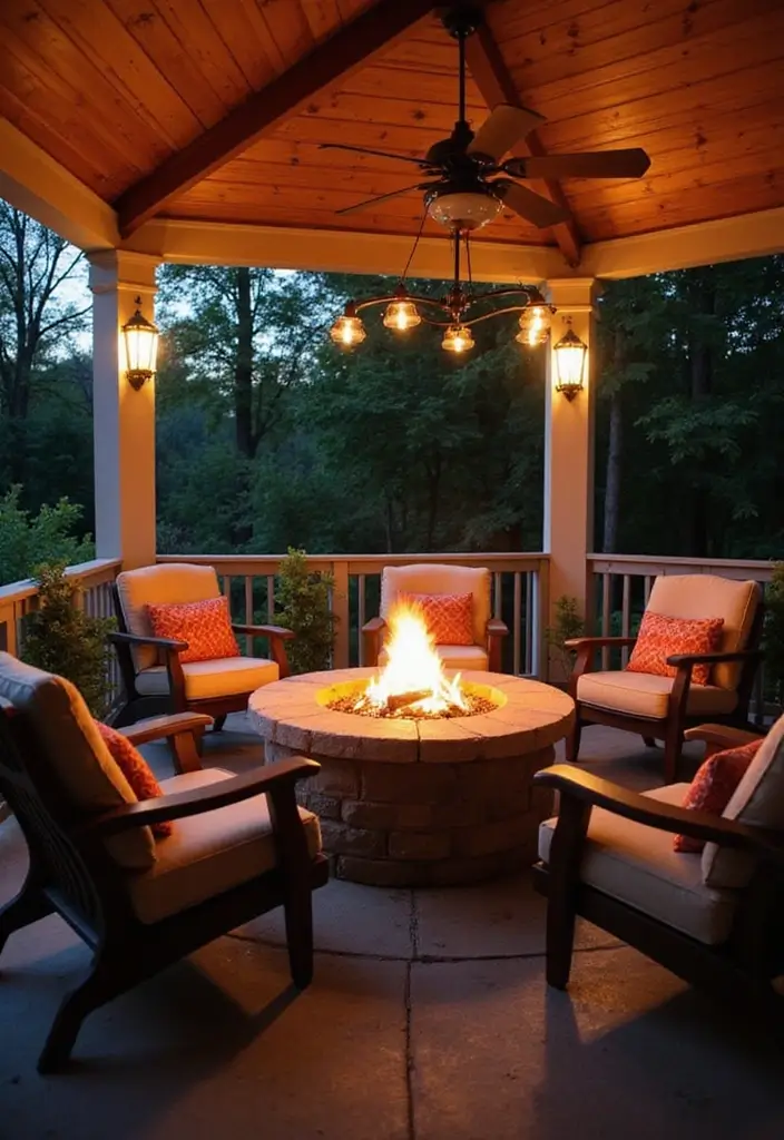 30 Covered Back Porch Ideas for a Comfortable Outdoor Retreat - 11. Cozy Fire Pit Area