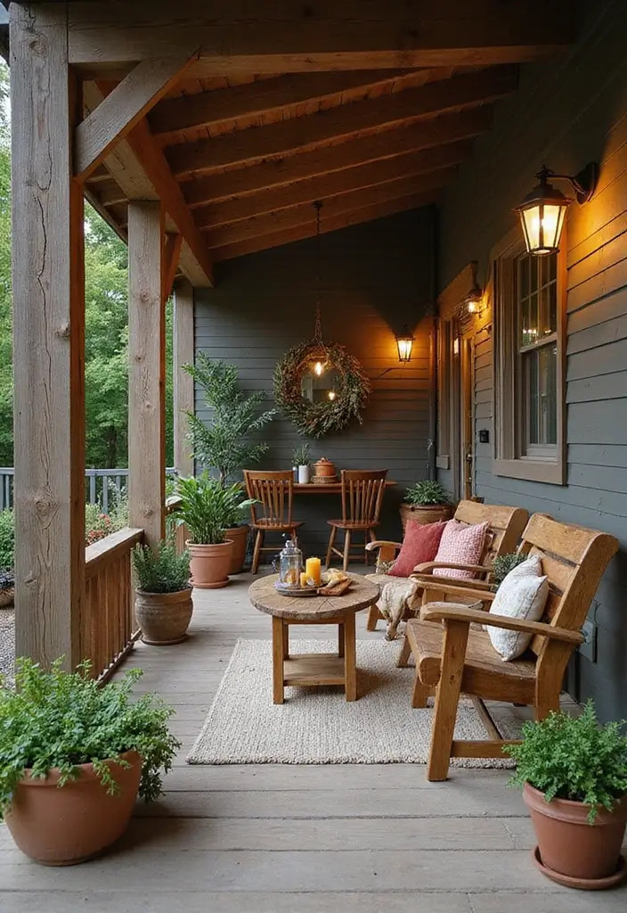 30 Covered Back Porch Ideas for a Comfortable Outdoor Retreat - 16. Rustic Wooden Accents