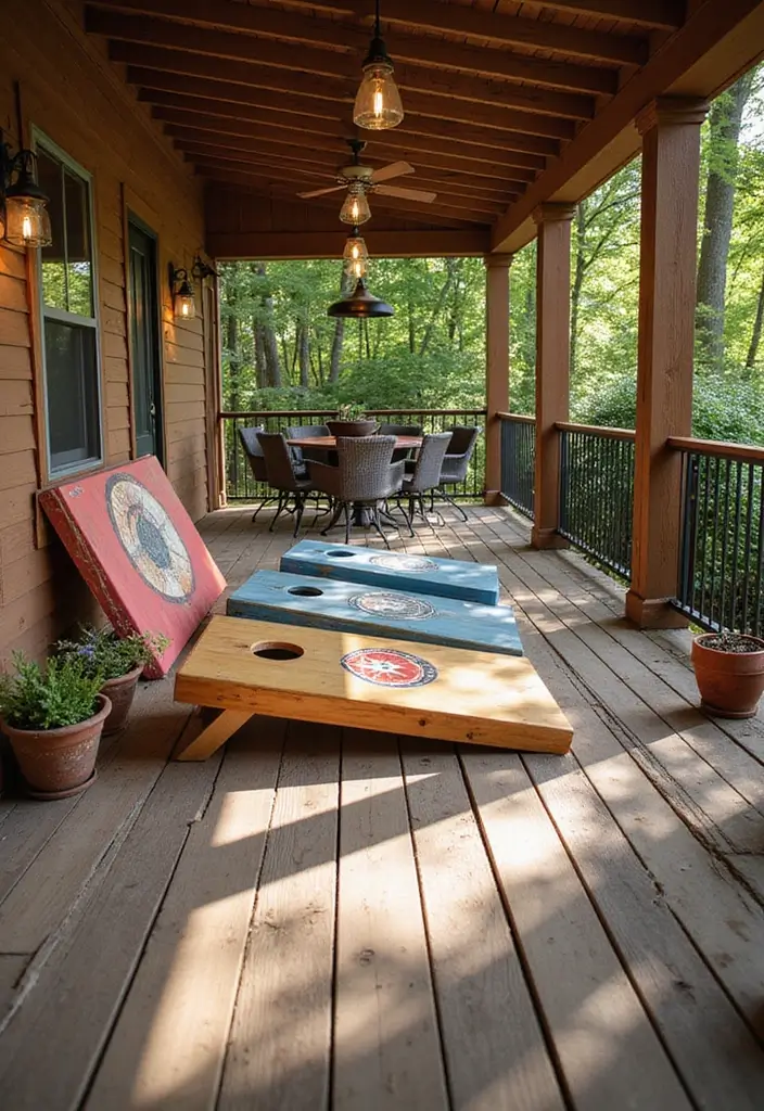 30 Covered Back Porch Ideas for a Comfortable Outdoor Retreat - 25. Outdoor Game Zone