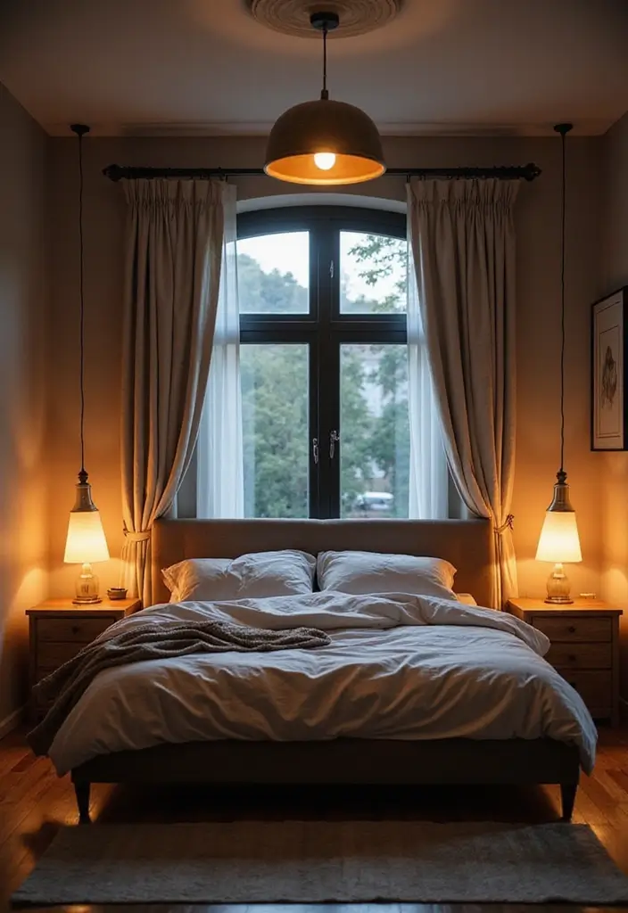 30 Creative Bed in Front of Window Ideas That Work Beautifully - 11. Layered Lighting