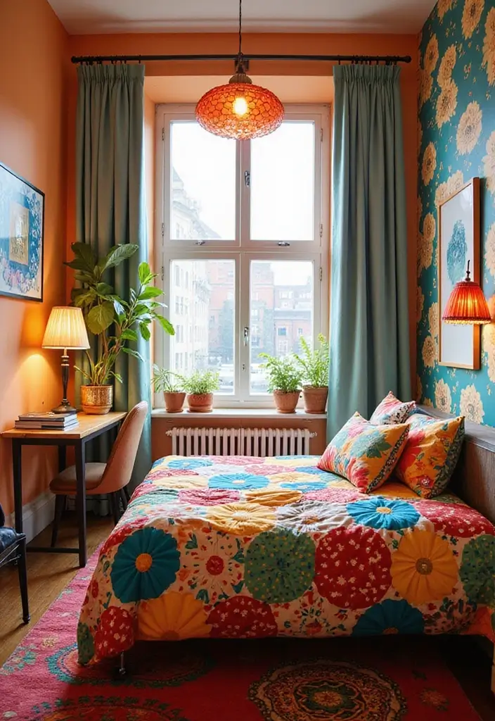30 Creative Bed in Front of Window Ideas That Work Beautifully - 20. Bold Colors and Patterns