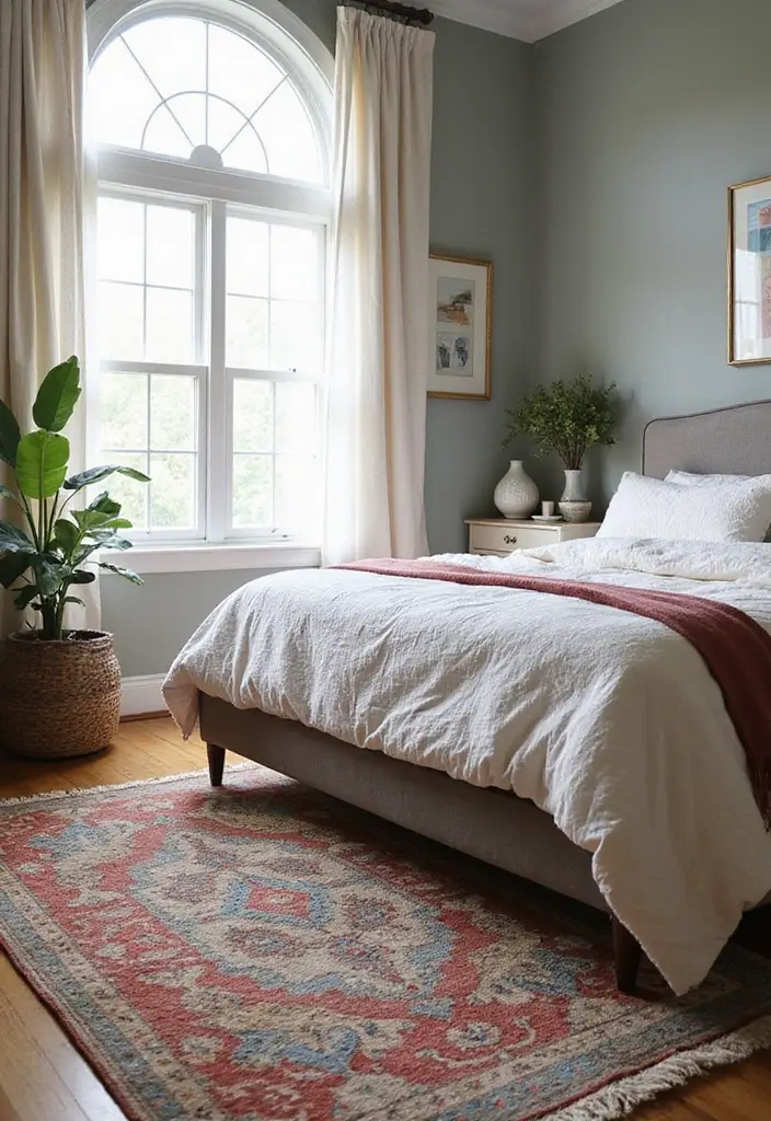 30 Creative Bed in Front of Window Ideas That Work Beautifully - 23. Layered Rugs