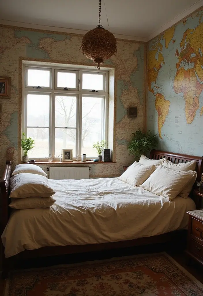 30 Creative Bed in Front of Window Ideas That Work Beautifully - 27. Vintage Travel Theme