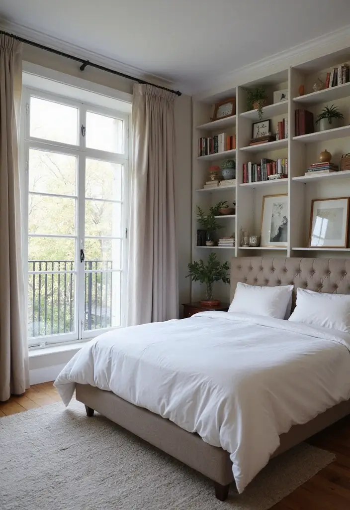 30 Creative Bed in Front of Window Ideas That Work Beautifully - 29. Open Shelf Display