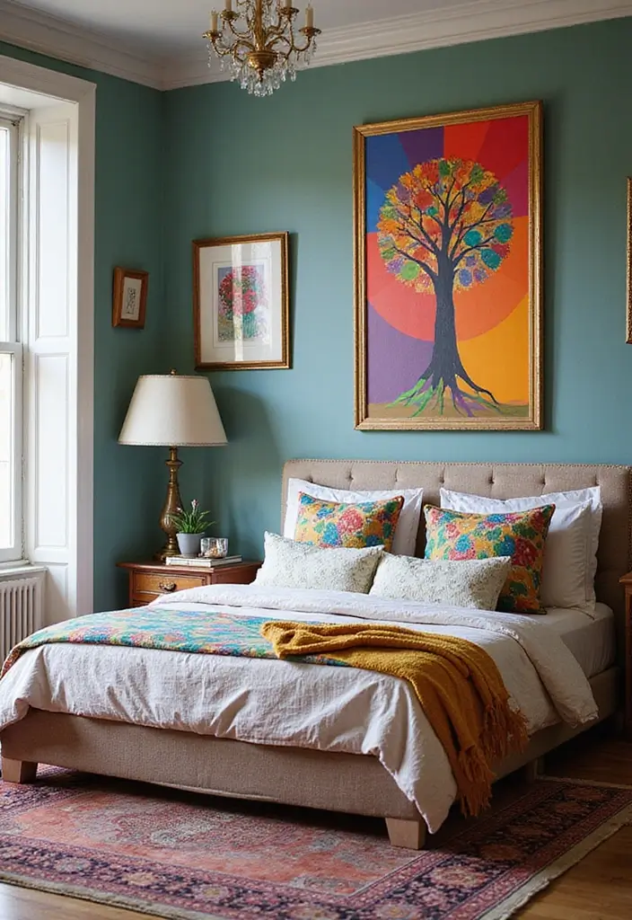 30 Creative Bed in Front of Window Ideas That Work Beautifully - 30. Colorful Framed Artwork