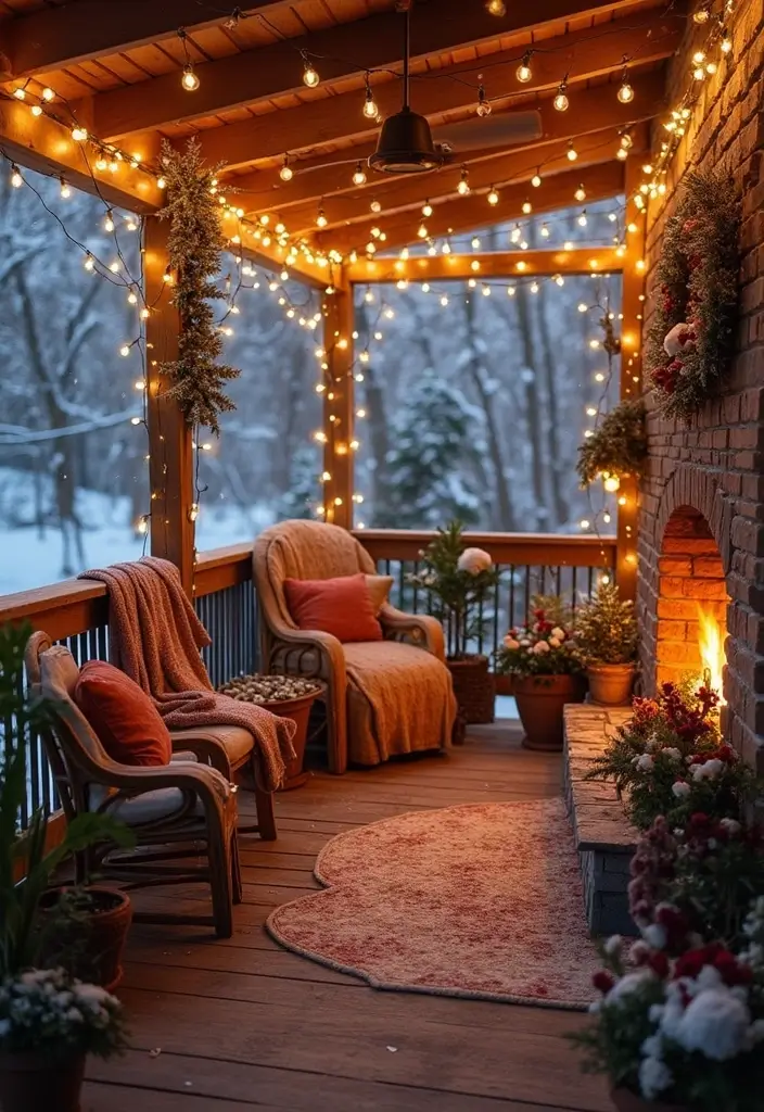 30 Enclosed Front Porch Ideas for Year-Round Enjoyment - 1. Cozy Winter Wonderland