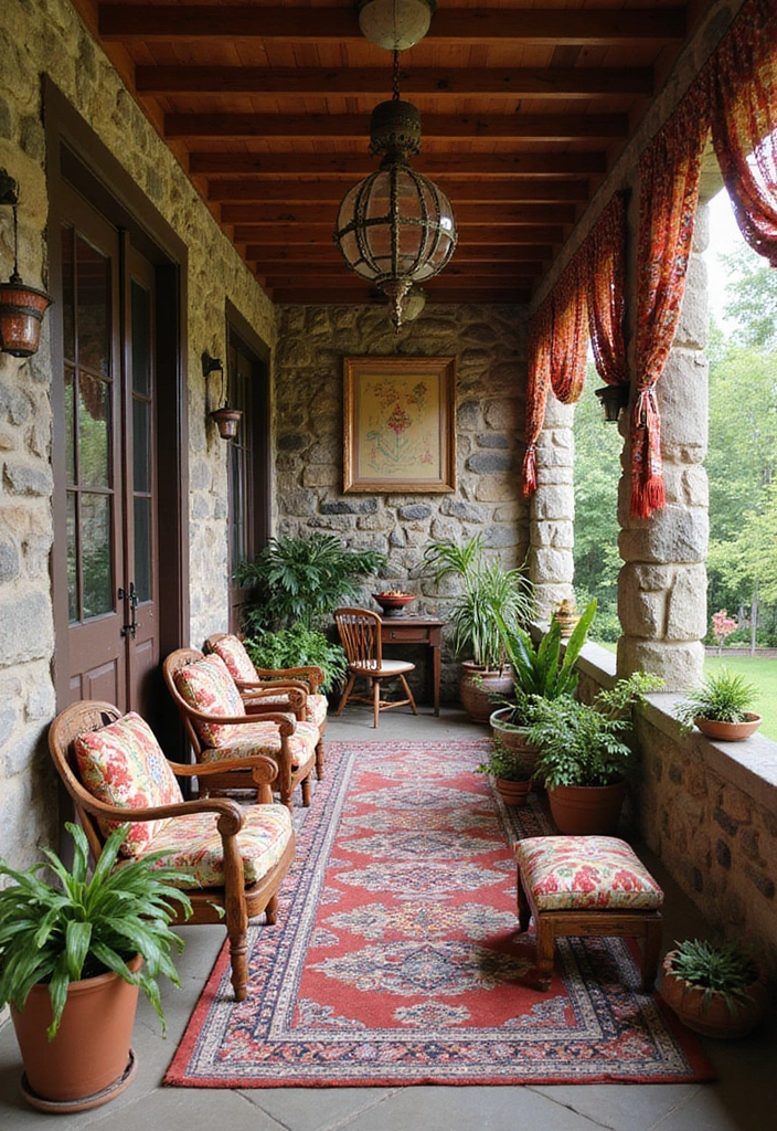 30 Enclosed Front Porch Ideas for Year-Round Enjoyment - 25. Cultural Fusion Decor