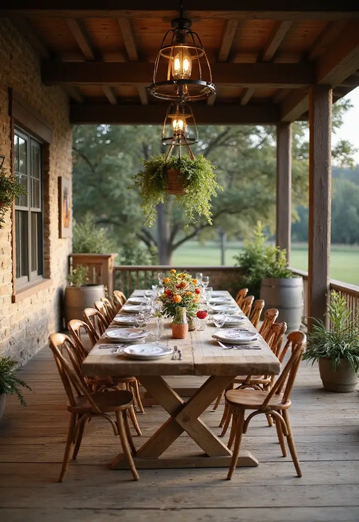 30 Enclosed Front Porch Ideas for Year-Round Enjoyment - 28. Rustic Dining Experience