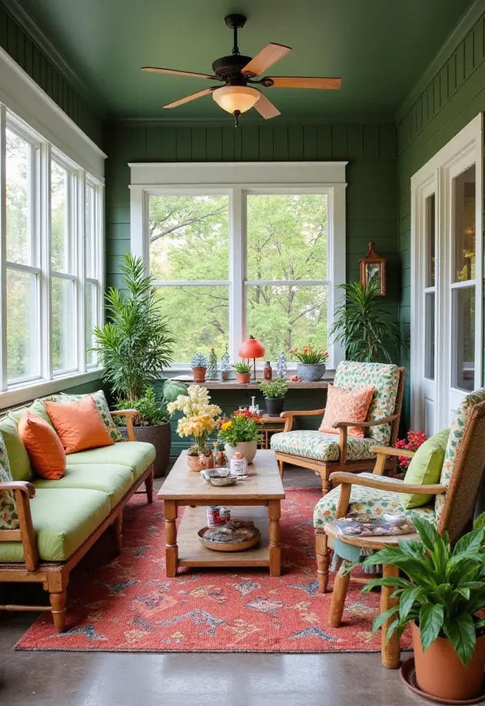 30 Enclosed Front Porch Ideas for Year-Round Enjoyment - 30. Vibrant Family Gathering Space