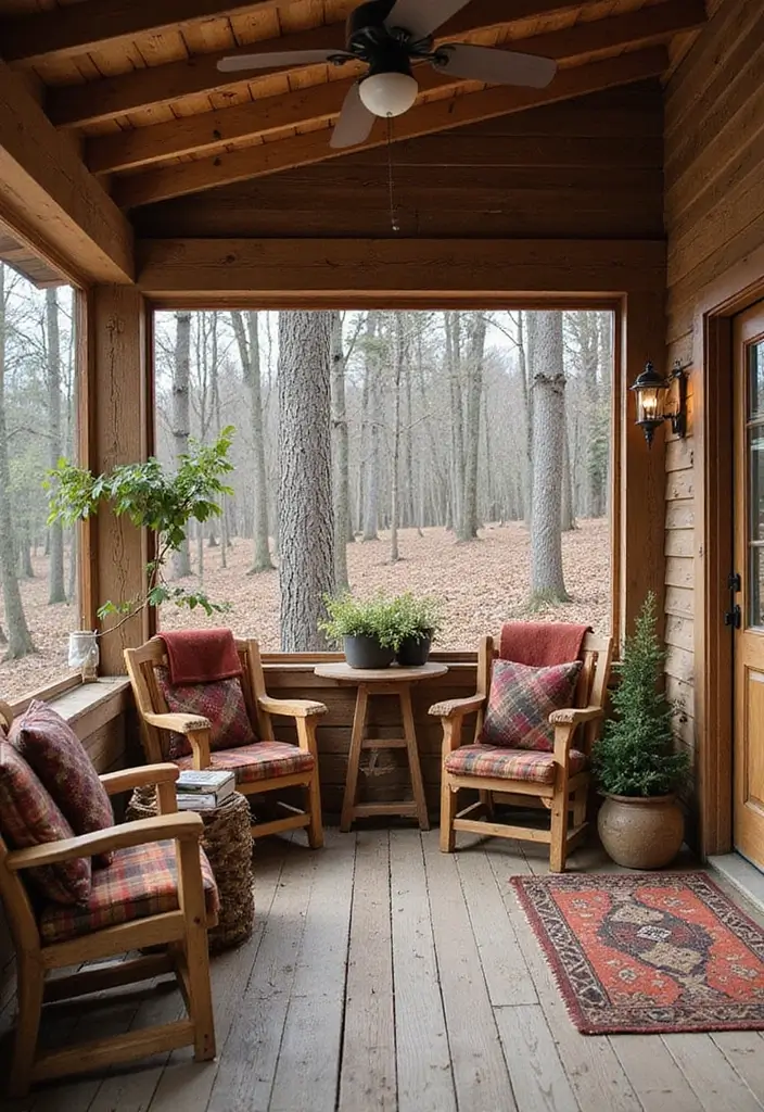 30 Enclosed Front Porch Ideas for Year-Round Enjoyment - 6. Rustic Cabin Vibes