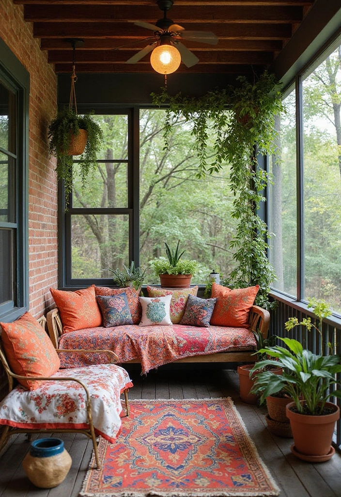 30 Enclosed Front Porch Ideas for Year-Round Enjoyment - 7. Bohemian Bliss