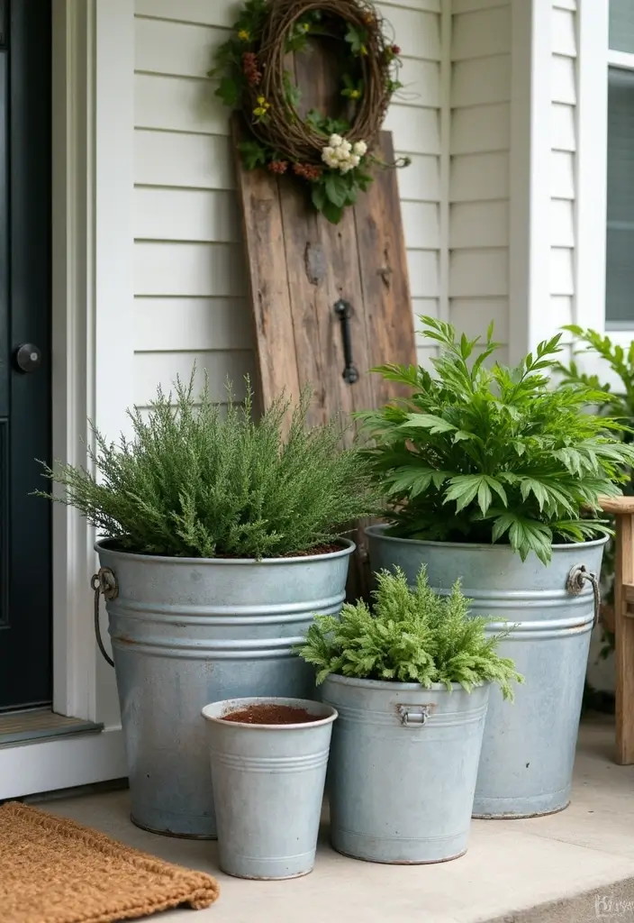 30 Farmhouse Front Porch Ideas Full of Rustic Charm 19 30 Farmhouse Front Porch Ideas Full of Rustic Charm - 19. Decorative Galvanized Buckets