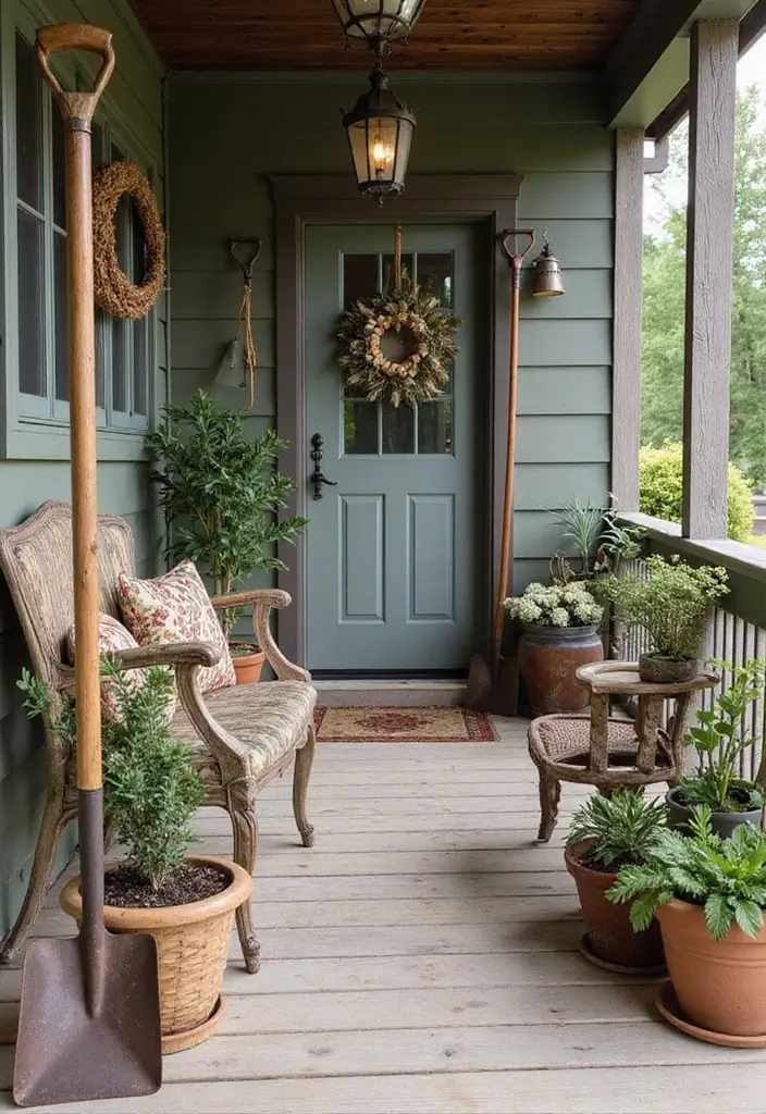 30 Farmhouse Front Porch Ideas Full of Rustic Charm 3 30 Farmhouse Front Porch Ideas Full of Rustic Charm - 3. Old Farm Tools as Decor