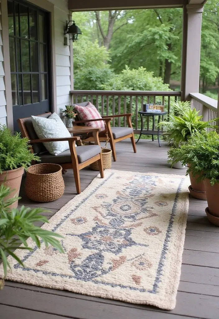 30 Farmhouse Front Porch Ideas Full of Rustic Charm 4 30 Farmhouse Front Porch Ideas Full of Rustic Charm - 4. Cozy Outdoor Rugs